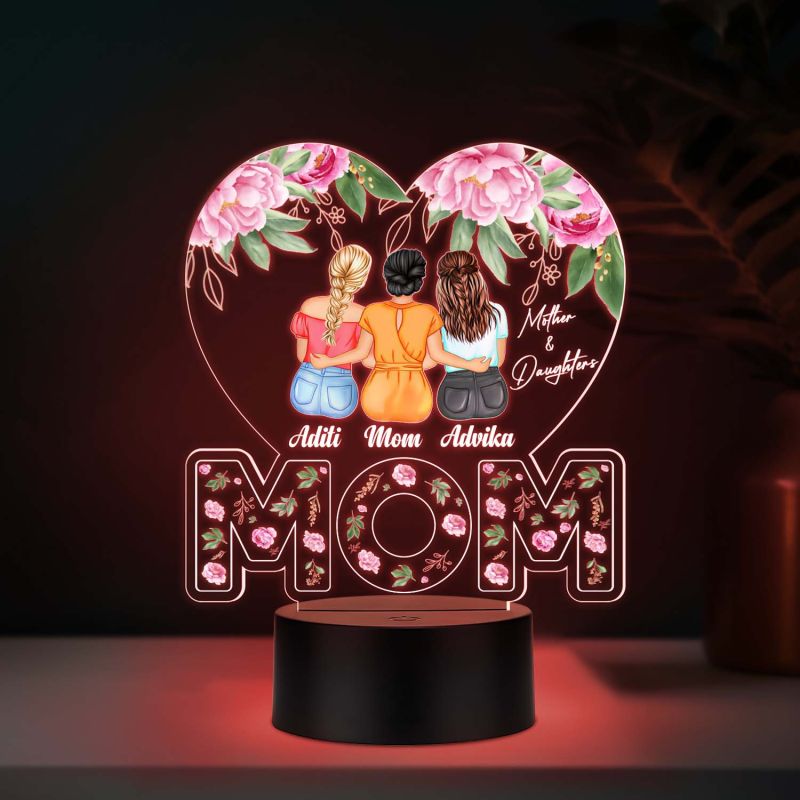 Personalized Mom with Two Daughters Acrylic LED Lamp with UV Print – Auto Color Changing Night Light Mother’s Day Gift